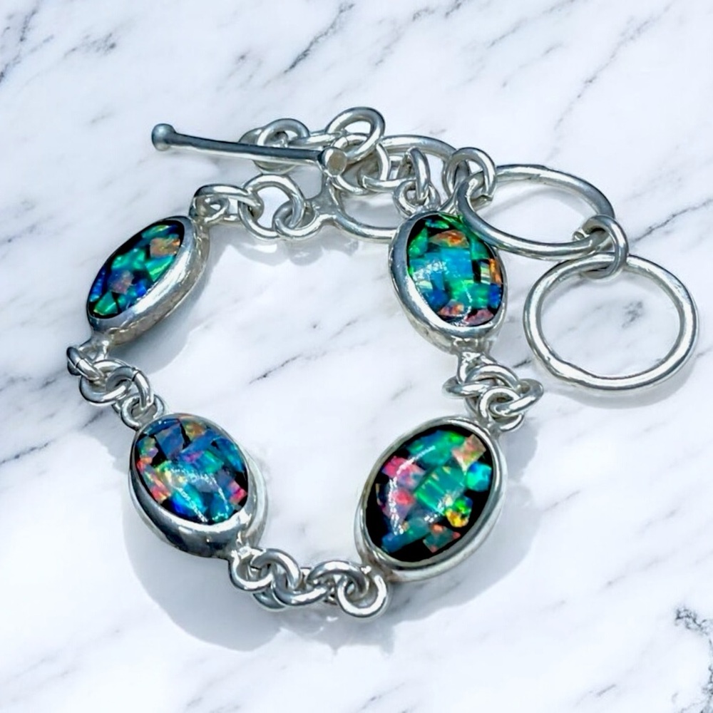 🌺Vintage Sterling & Mosaic Opal Bracelet
